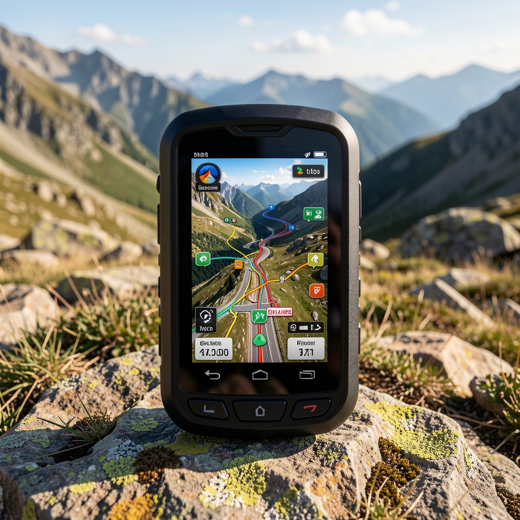 Dağlık arazi üzerinde kompakt GPS navigasyon cihazı ekranında rota görünümü