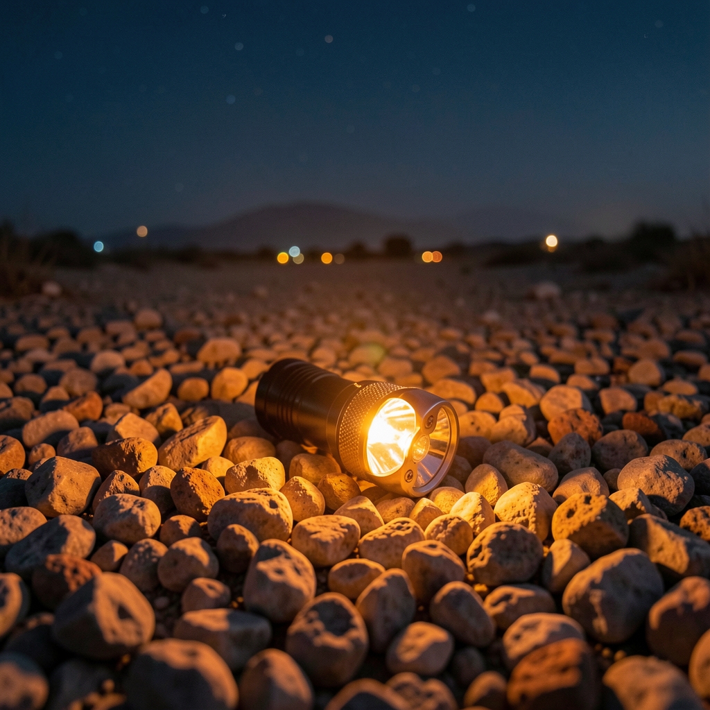 Kamp alanında LED el feneri yanık halde çakıl taş zemin üzerinde gece fotoğrafı
