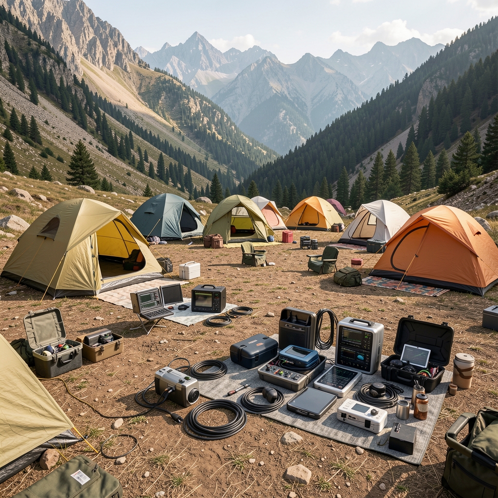 Dağlık arazide açık kamp alanı ve çeşitli outdoor elektronik ekipmanlar