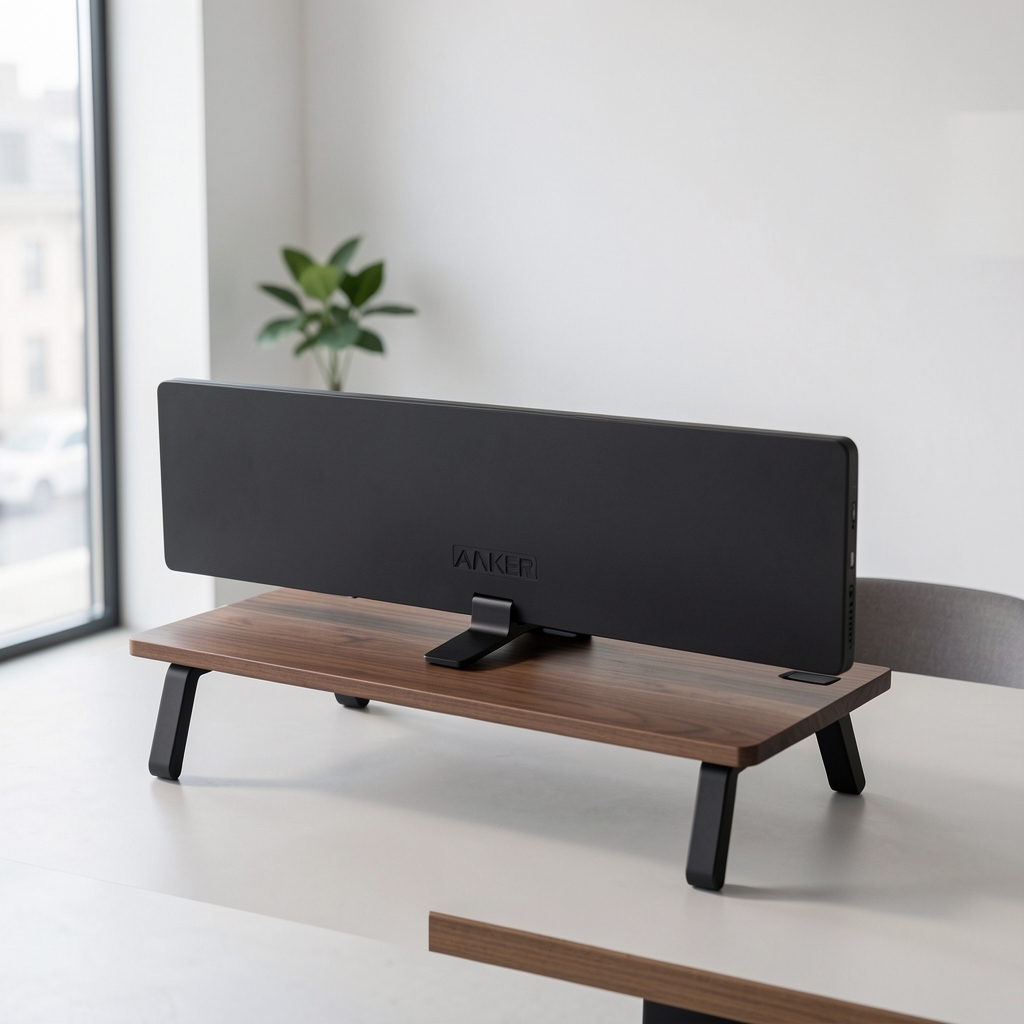 Anker 625 Solar Panel siyah katlanabilir kompakt panel ahşap masa üzerinde