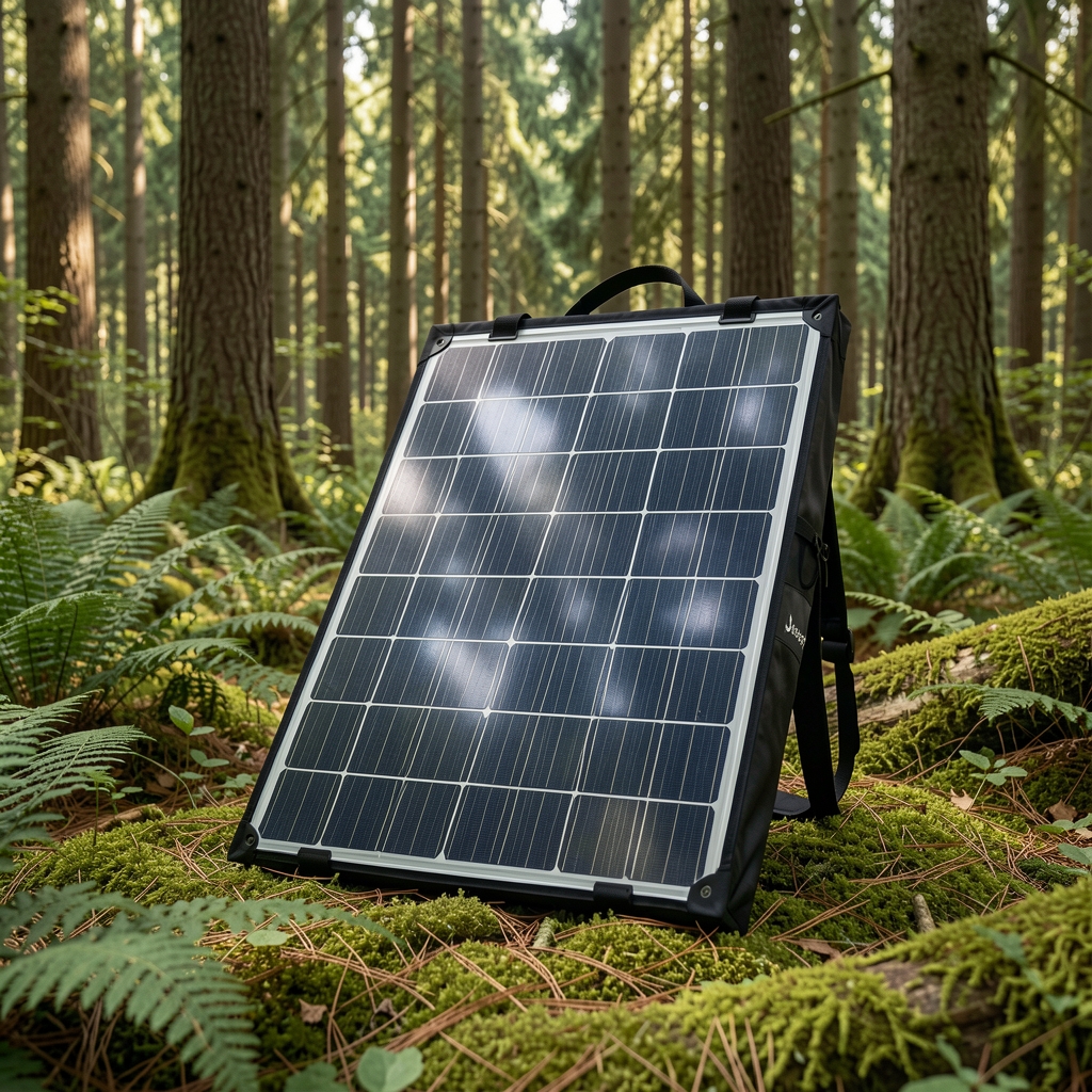 Jackery SolarSaga 80W güneş paneli taşıma askısıyla ormanlık alanda