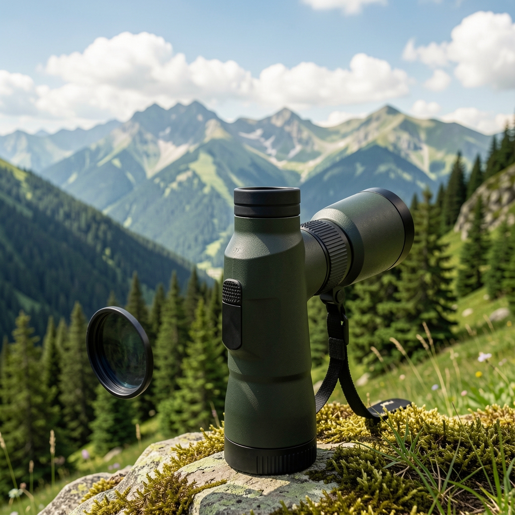 Nikon Monarch M5 8x42 dürbün yeşil dağ doğası arka plan ile